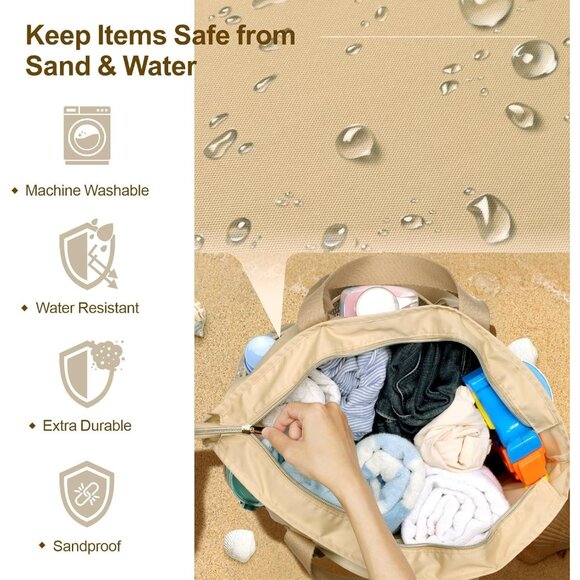 Women's Beige Vacation Waterproof Sandproof With Zipper Mesh Pockets Beach Bag - Picture 3 of 8